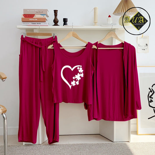 Maroon Flower Heat  3 Piece Lounge wear Nightwear Sleepwear For Women