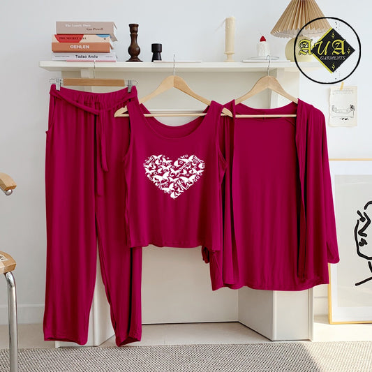 Maroon butterfly Heart 3 Piece Lounge wear Nightwear Sleepwear For Women