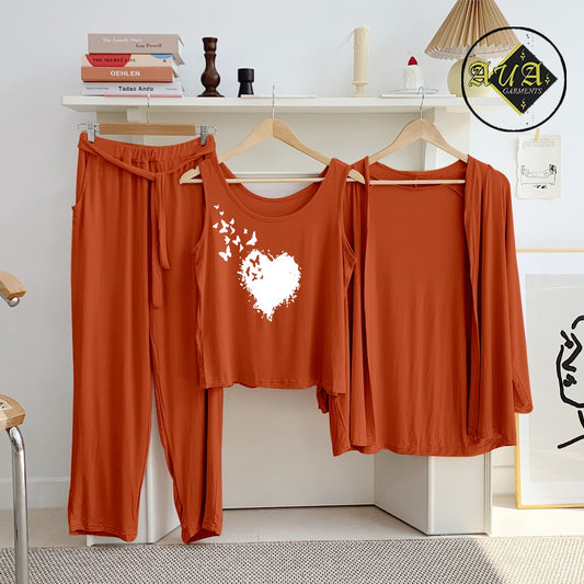 Brown Flying Butterfly Heart 3 Piece Lounge wear Nightwear Sleepwear For Women