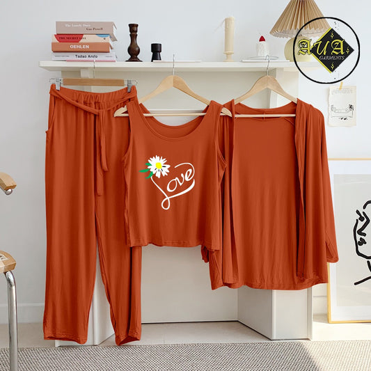 Brown Trendy Love 3 Piece Lounge wear Nightwear Sleepwear For Women