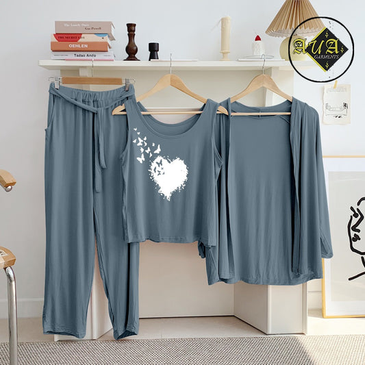 Dark Grey Flying Butterfly Heart 3 Piece Lounge wear Nightwear Sleepwear For Women