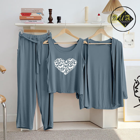 Dark Grey Butterfly Heart 3 Piece Lounge wear Nightwear Sleepwear For Women