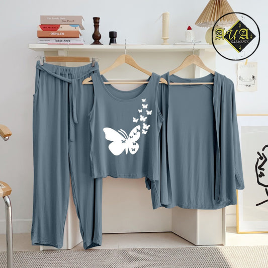Dark Grey Flying Butterfly Heart 3 Piece Lounge wear Nightwear Sleepwear For Women