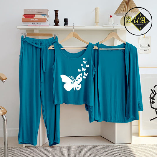 Aqua Blue Flying Butterfly Heart 3 Piece Lounge wear Nightwear Sleepwear For Women