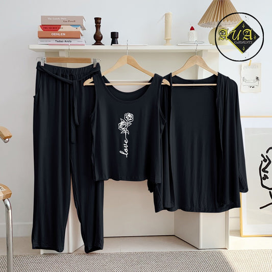 Black Rose Love 3 Piece Lounge wear Nightwear Sleepwear For Women