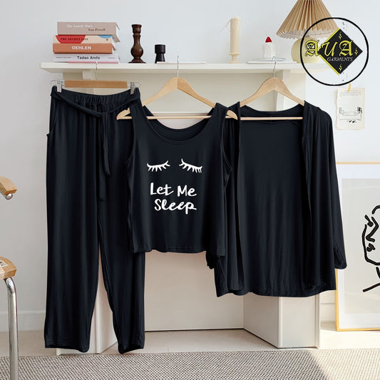 Black Let Me Sleep 3 Piece Lounge wear Nightwear Sleepwear For Women