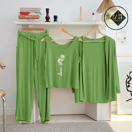 Sea Green Rose Love 3 Piece Lounge wear Nightwear Sleepwear For Women