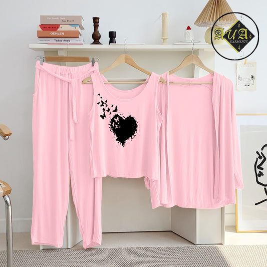 Baby Pink Flying Butterfly Heart 3 Piece Lounge wear Nightwear Sleepwear For Women