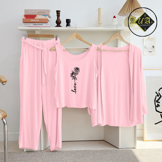 Baby Pink Love Rose 3 Piece Lounge wear Nightwear Sleepwear For Women