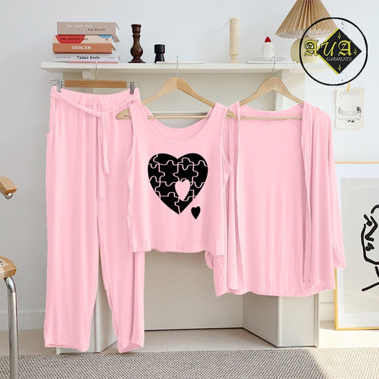 Baby Pink puzzel Heart 3 Piece Lounge wear Nightwear Sleepwear For Women
