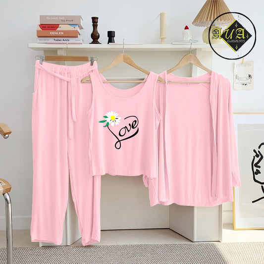 Baby Pink Trendy Love 3 Piece Lounge wear Nightwear Sleepwear For Women