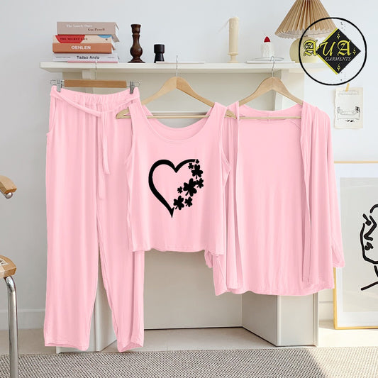 Baby Pink Flower Heart 3 Piece Lounge wear Nightwear Sleepwear For Women