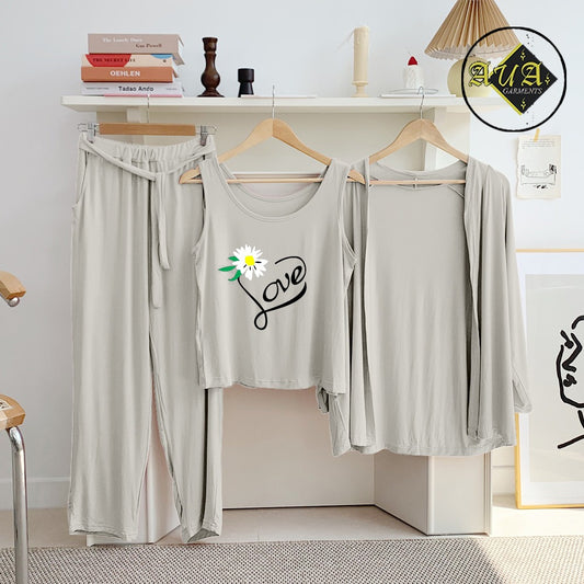Light Grey trendy Love 3 Piece Lounge wear Nightwear Sleepwear For Women