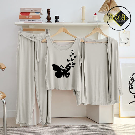 Light Grey Flyinng Butterfly 3 Piece Lounge wear Nightwear Sleepwear For Women
