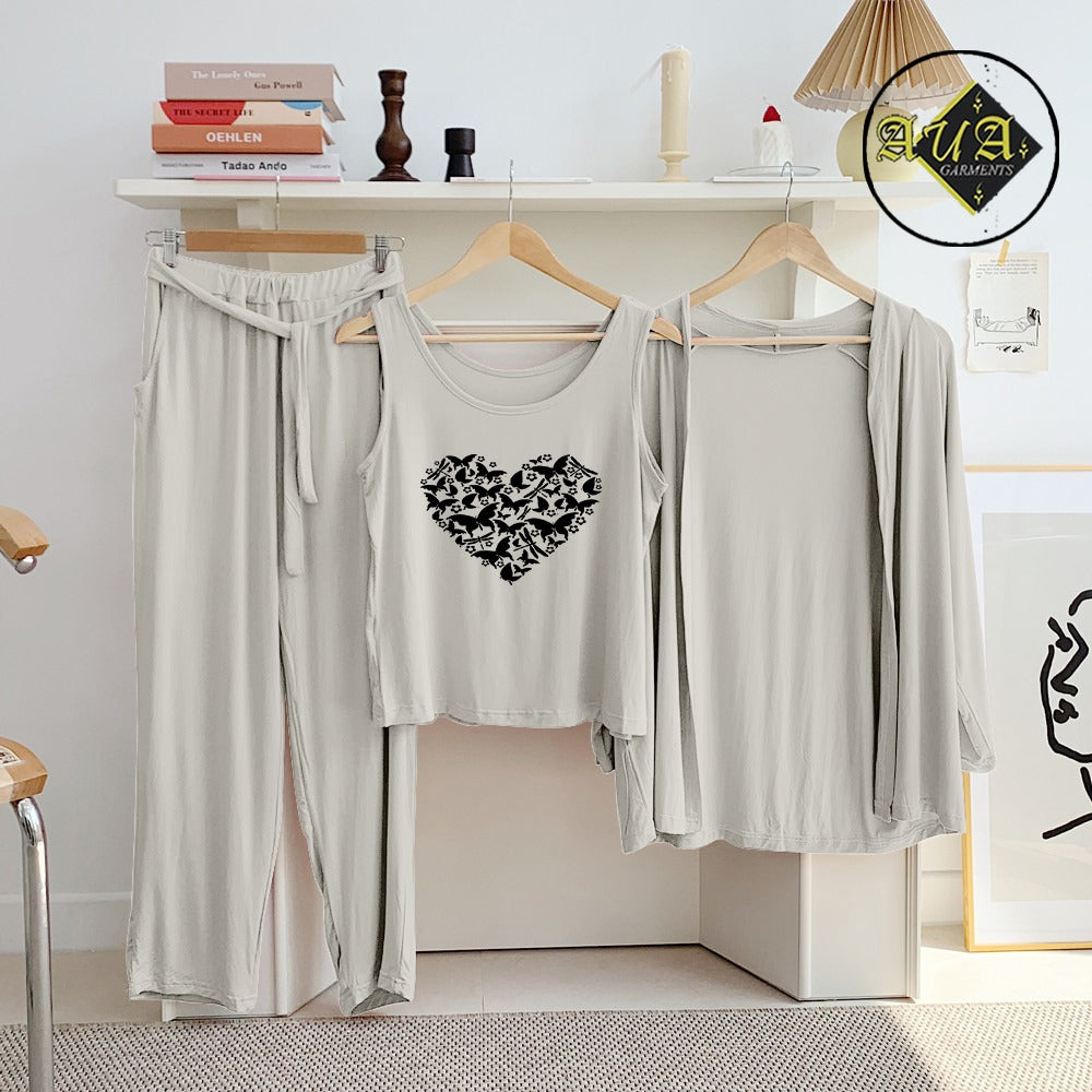Light Grey Butterfly Heart 3 Piece Lounge wear Nightwear Sleepwear For Women