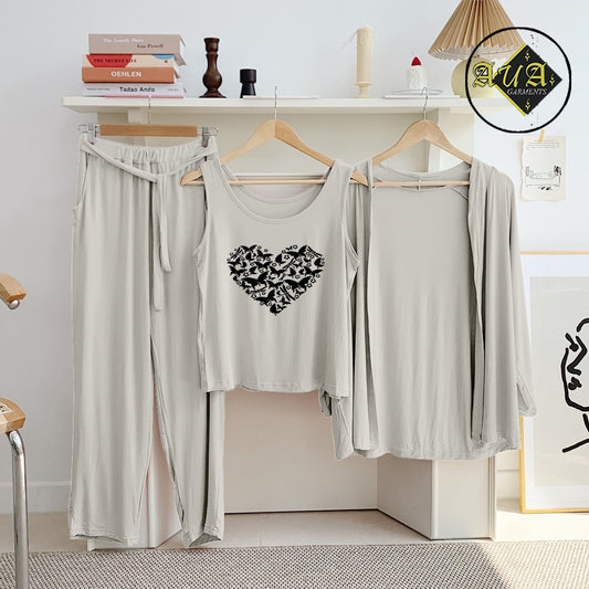 Light Grey Butterfly Heart 3 Piece Lounge wear Nightwear Sleepwear For Women