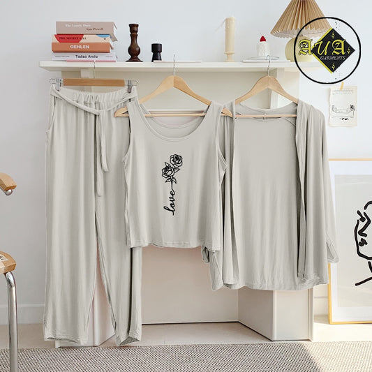 Light Grey Rose Love 3 Piece Lounge wear Nightwear Sleepwear For Women