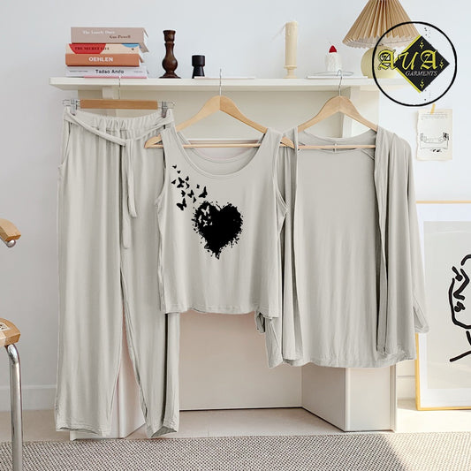 Light Grey Flying Butterfly Heart 3 Piece Lounge wear Nightwear Sleepwear For Women