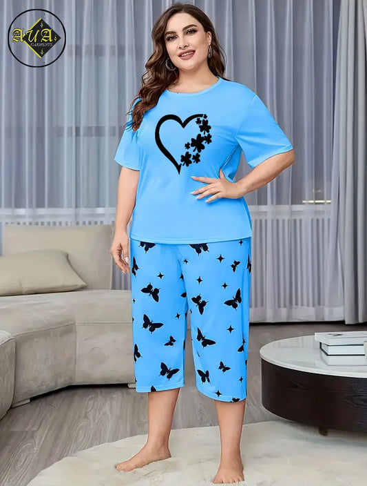 sky blue Women Heart Printed Half-Sleeved Vest For Leisure Home Wear Female Sleepwear Night Dress By Aua garments
