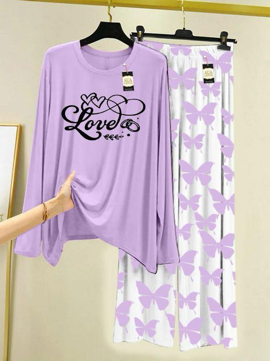 Purple love Printed Nightwear Set with Butterfly Printed Trousers – Women's Lounge Wear (003)