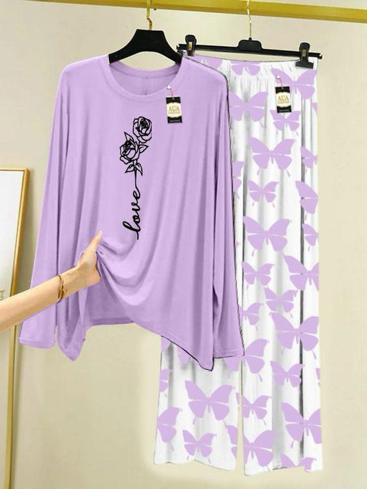 Purple Love Rose Printed Nightwear Set with Butterfly Printed Trousers – Women's Lounge Wear (003)