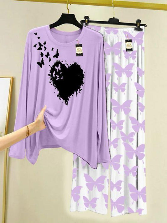 Purple Flying Butterfly Heart Printed Nightwear Set with Butterfly Printed Trousers – Women's Lounge Wear (003)