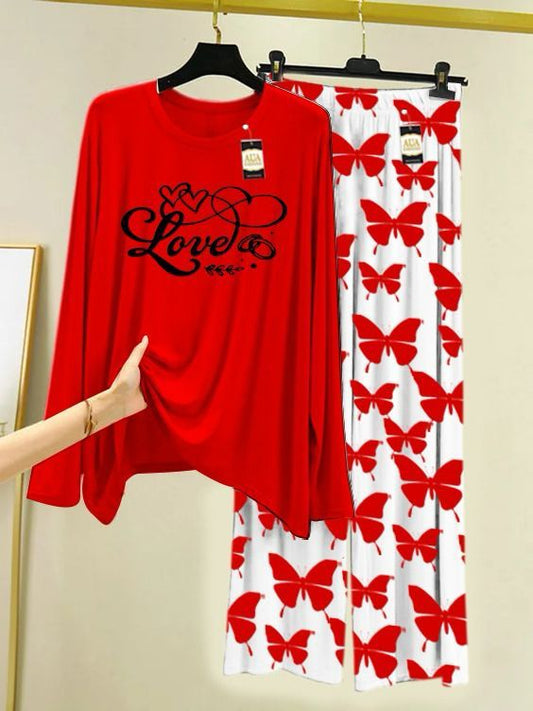 Red Love Printed Nightwear Set with Butterfly Printed Trousers – Women's Lounge Wear (003)