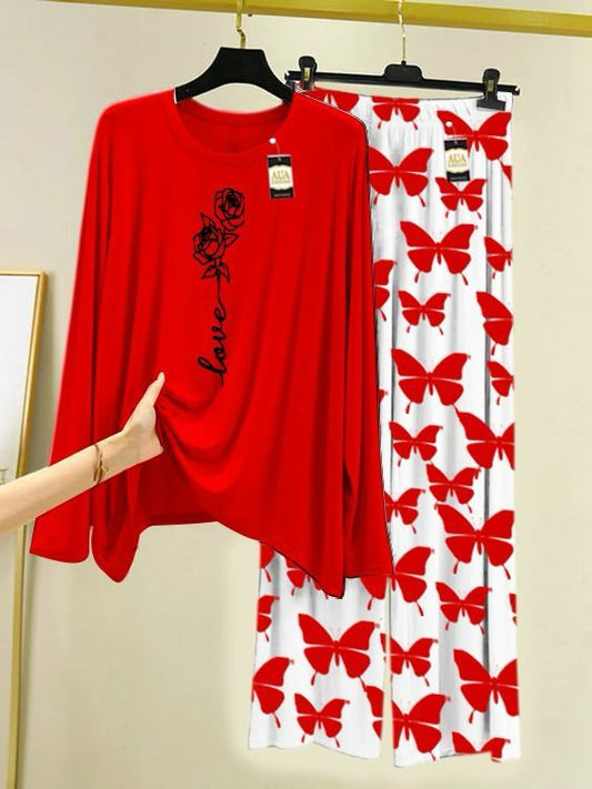 Red Rose Love Printed Nightwear Set with Butterfly Printed Trousers – Women's Lounge Wear (003)
