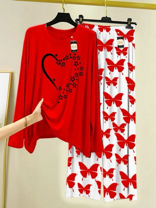 Red Star Heart Printed Nightwear Set with Butterfly Printed Trousers – Women's Lounge Wear (003)
