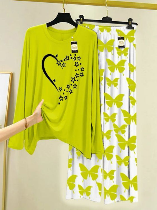 Green Star Heart Printed Nightwear Set with Butterfly Printed Trousers – Women's Lounge Wear (003)