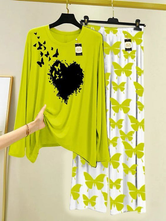 Green flying butterfly heart Printed Nightwear Set with Butterfly Printed Trousers – Women's Lounge Wear (003)