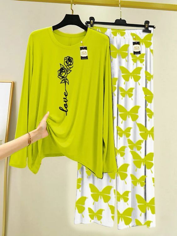 Green Rose Love Printed Nightwear Set with Butterfly Printed Trousers – Women's Lounge Wear (003)