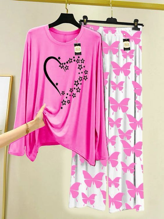 Pink Star Heart Printed Nightwear Set with Butterfly Printed Trousers – Women's Lounge Wear (003)