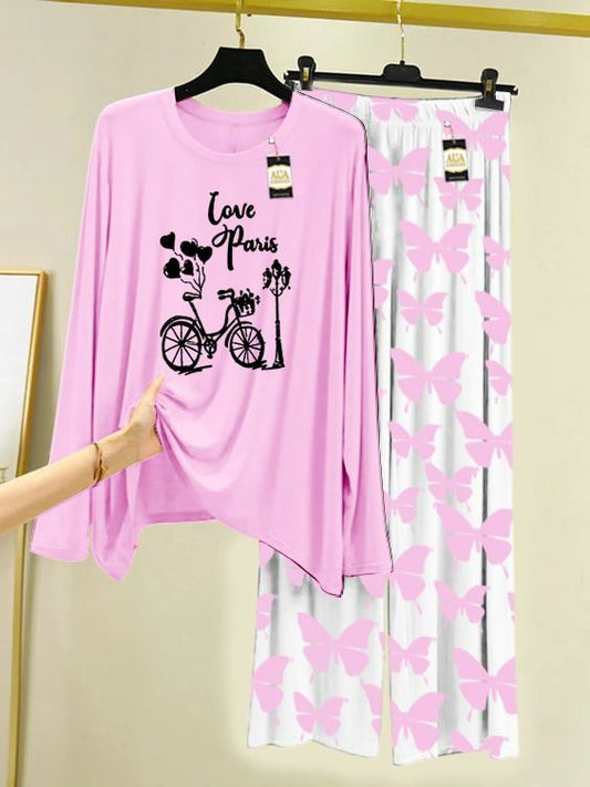 Baby Pink Cycle love Printed Nightwear Set with Butterfly Printed Trousers – Women's Lounge Wear (003)
