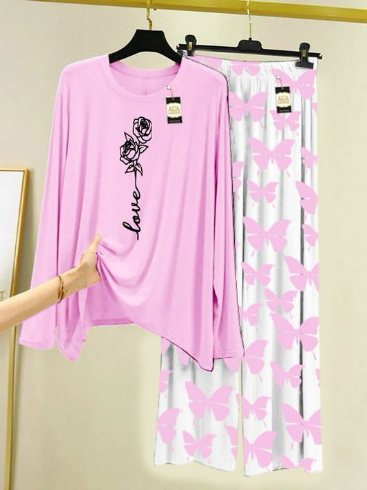 Baby Pink Rose Love Printed Nightwear Set with Butterfly Printed Trousers – Women's Lounge Wear (003)