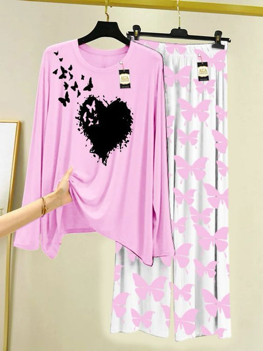 Baby pink Flying Butterfly Heart Printed Nightwear Set with Butterfly Printed Trousers – Women's Lounge Wear (003)