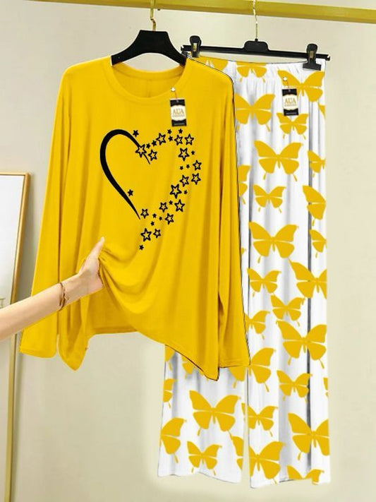 yellow Star heart Printed Nightwear Set with Butterfly Printed Trousers – Women's Lounge Wear (003)