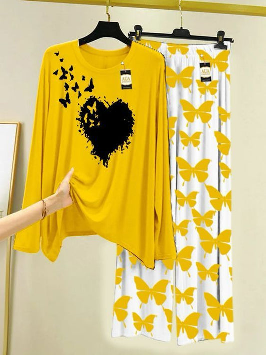 Yellow Flying butterfly heart Printed Nightwear Set with Butterfly Printed Trousers – Women's Lounge Wear (003)