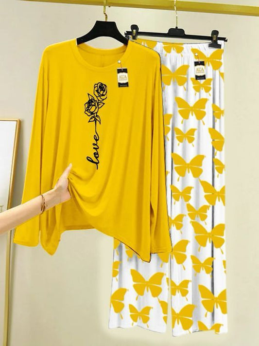 yellow Rose Love Printed Nightwear Set with Butterfly Printed Trousers – Women's Lounge Wear (003)