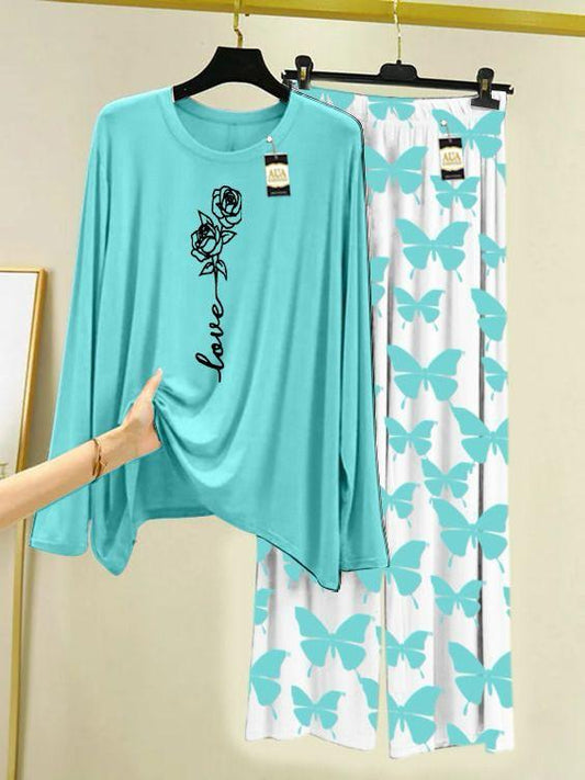 blue Love rose Printed Nightwear Set with Butterfly Printed Trousers – Women's Lounge Wear (003)