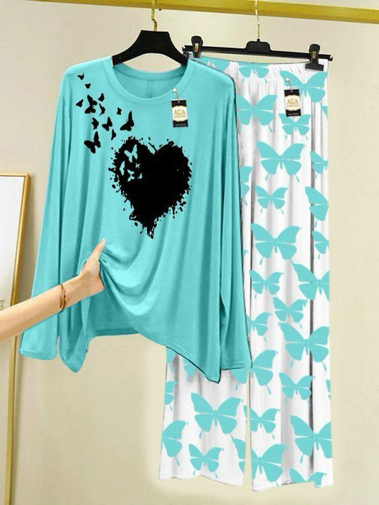 Blue Flying Butterfly Heart Printed Nightwear Set with Butterfly Printed Trousers – Women's Lounge Wear (003)
