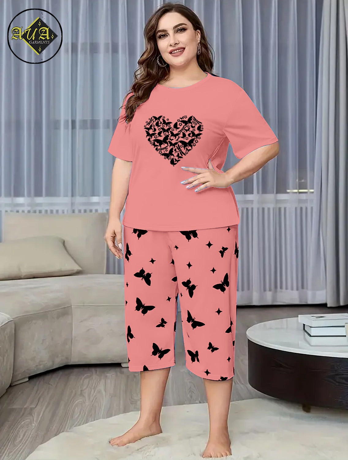 Peach Butterfly Heart Printed Half-Sleeved Vest For Leisure Home Wear Female Sleepwear Night Dress By Aua garments