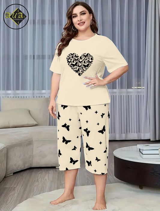 Grey Butterfly Heart Printed Half-Sleeved Vest For Leisure Home Wear Female Sleepwear Night Dress By Aua garments