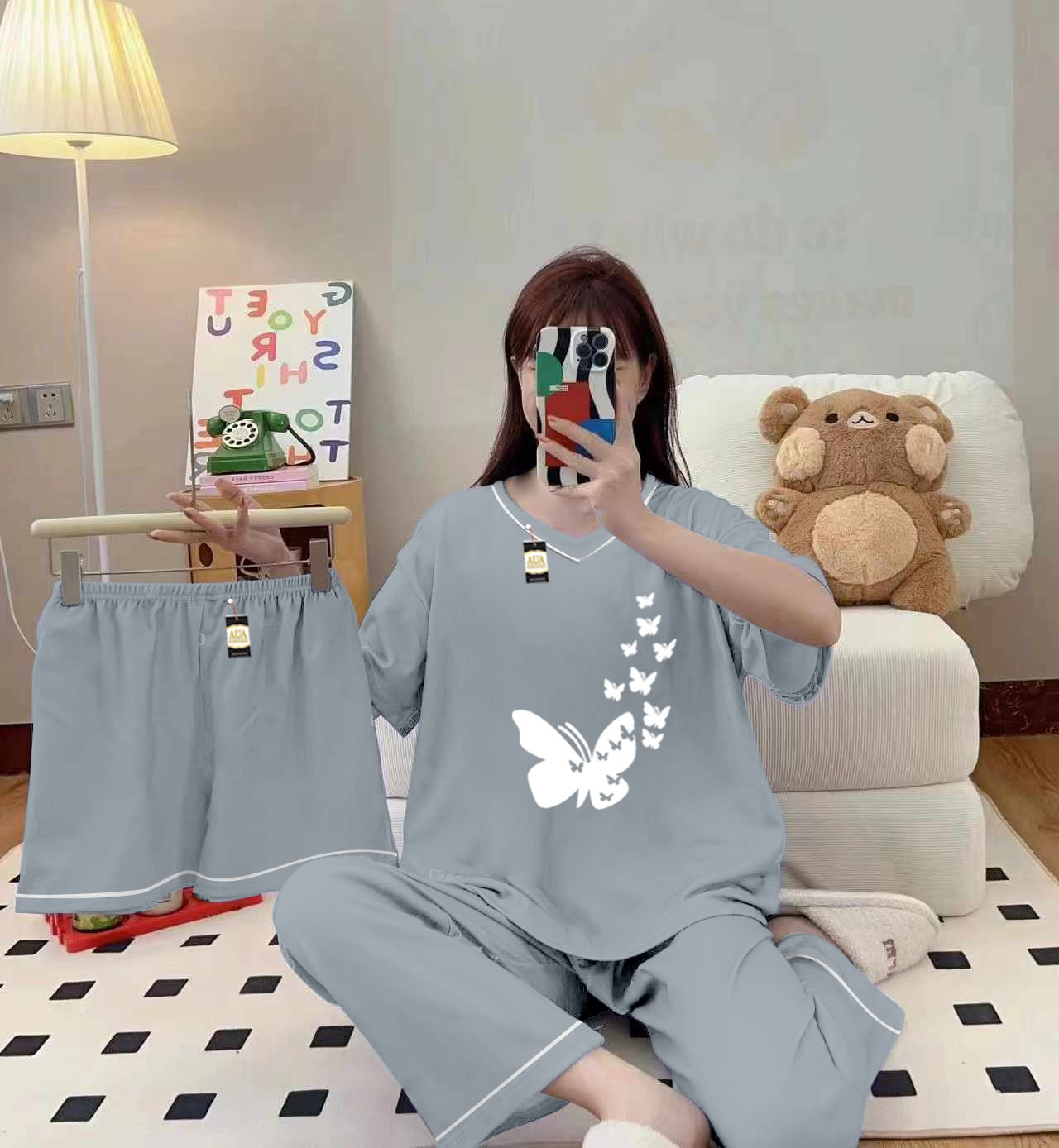 3-Piece Cami Nightwear Set for Women with Elegant White Borders Grey  Flying Butterfly
