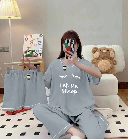 3-Piece Cami Nightwear Set for Women with Elegant White Borders grey Let Me Sleep