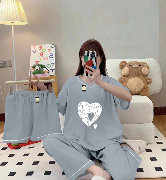 3-Piece Cami Nightwear Set for Women with Elegant White Borders Grey Puzzel Heart