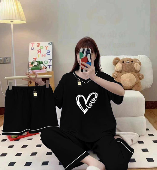 3-Piece Cami Nightwear Set for Women with Elegant White Borders Black lOVE HEART