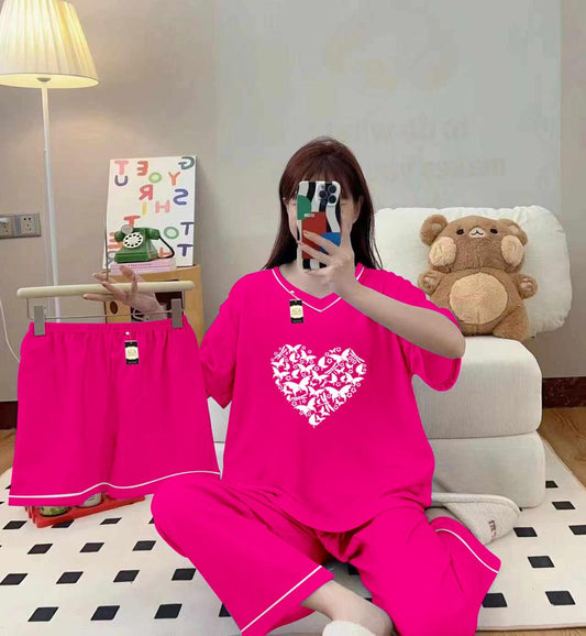 3-Piece Cami Nightwear Set for Women with Elegant White Borders PINK BUTTERFLY HEART