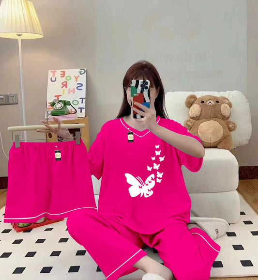 3-Piece Cami Nightwear Set for Women with Elegant White Borders PINK FLYING BUTTERFLY