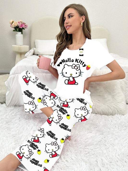 White Hello Kitty 2-Piece Loungewear Set – T-Shirt, Pajama & Shorts | Cute Cartoon Sleepwear for Women